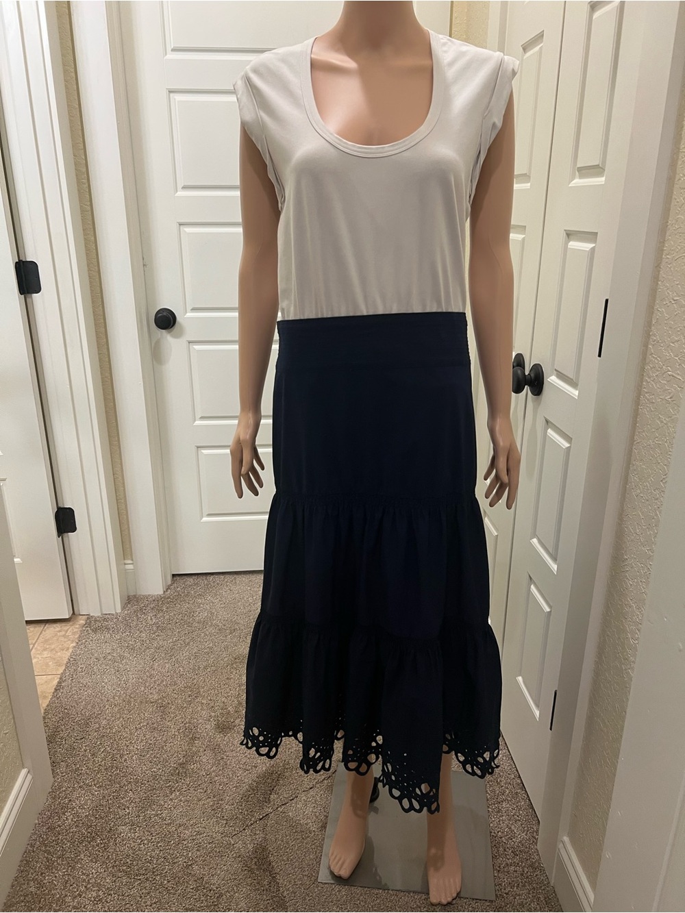 Veronica Beard White and Navy Tiered Eyelet-Hem Maxi Skirt